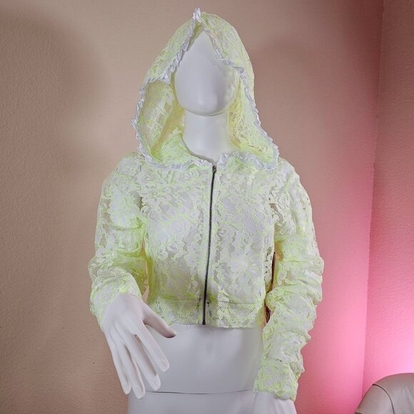 NWT Pink Lipstick Loungewear Mini Midriff Floral Lace Hoodie Glows in Blacklight - Picture 2 of 10